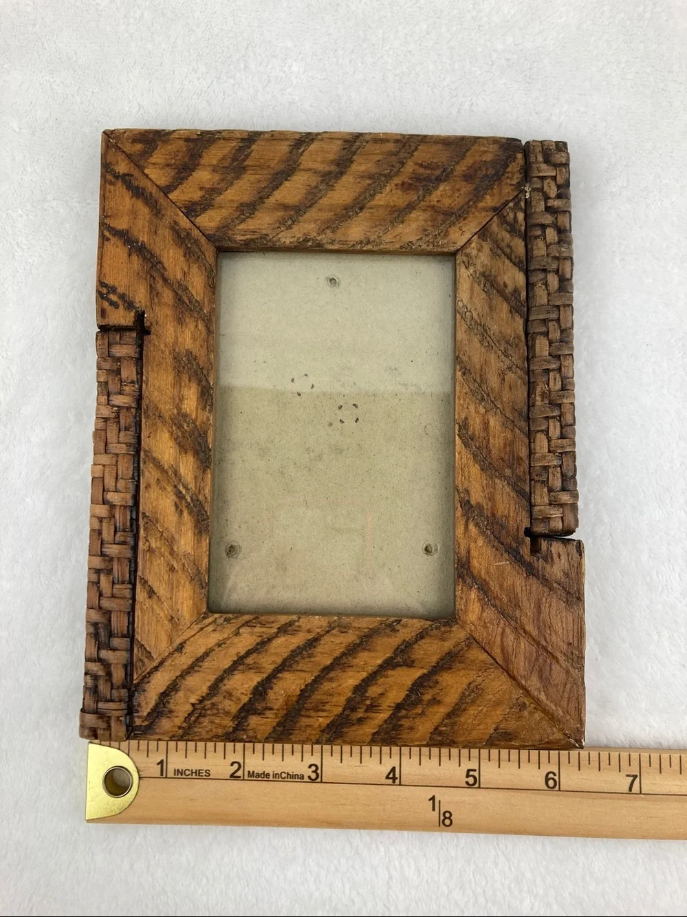 Vintage Farmhouse Rustic Wood & Raffia Picture Frame 8” x 6.5”, 3” x 5” photo